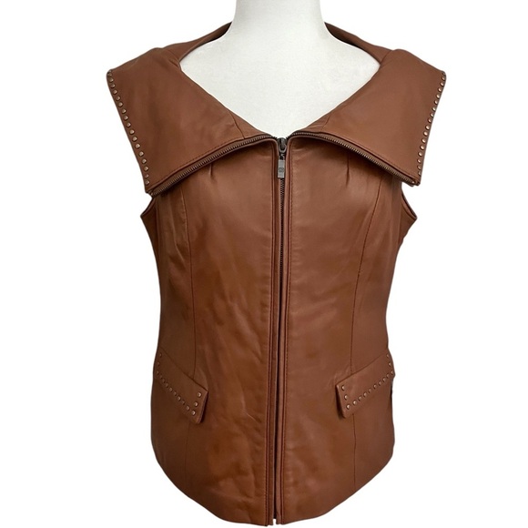 Pamela McCoy Size Small Brown Genuine Leather Studded Zip Up Western Vest NWT - Picture 1 of 15